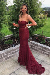 Cheap Long Burgundy Prom Dress Lace Sweetheart Mermaid Strapless - MyChicDress